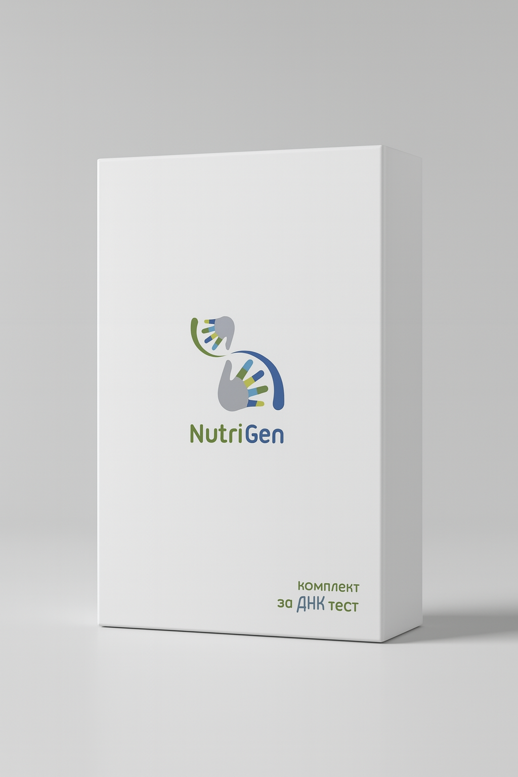 White NutriGen DNA test kit box with logo featuring a hand integrated into a DNA helix design.